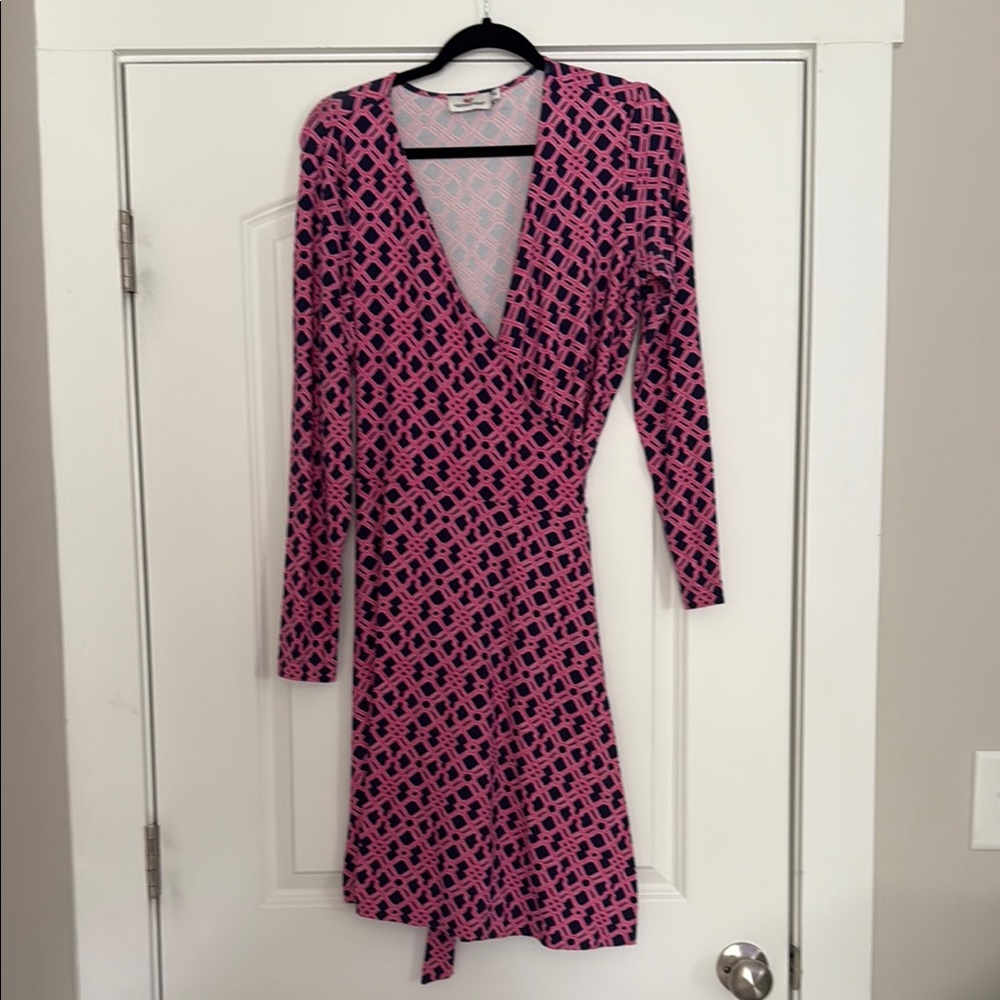 Pink and Navy Patterned Wrap Dress